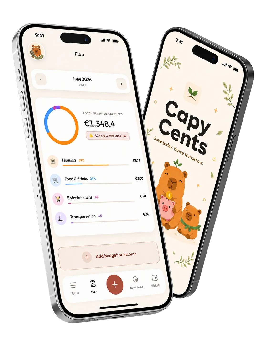 CapyCents on iPhone — your plan and transactions, updated automatically from your bank